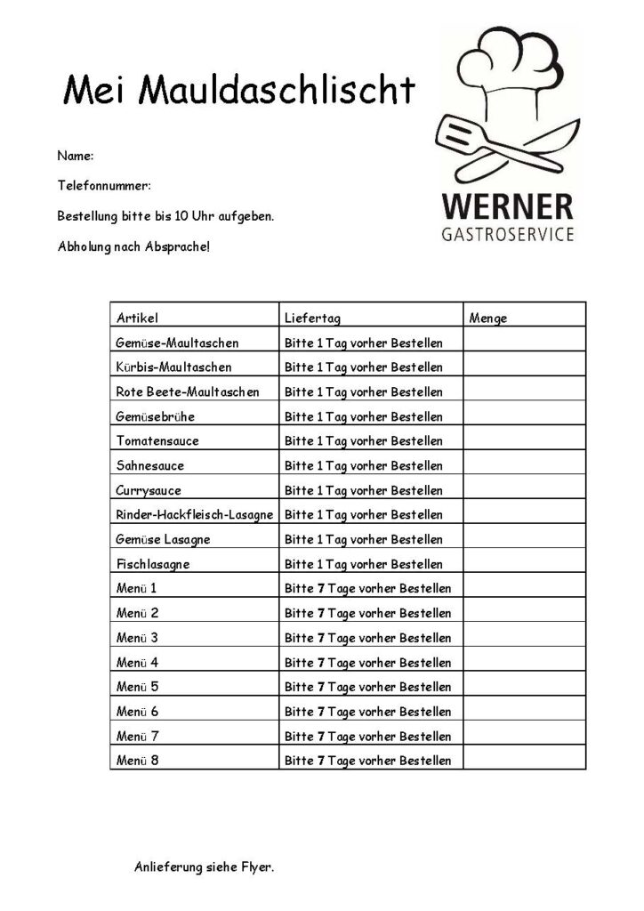 Unsere Maultaschenbestellliste 2022 Gastroservice Werner